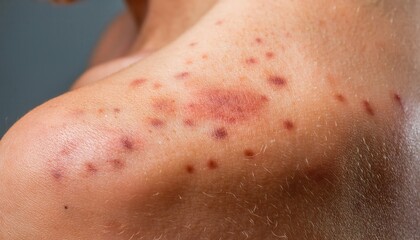 Fototapeta premium Close-up of Inflamed Red Plaques on Skin. Dermatological Symptoms of Psoriasis or Eczema Showcasing Red, Raised, Scaly Patches on Light Skin, Depicting a Severe Skin Condition. Allergic Reaction