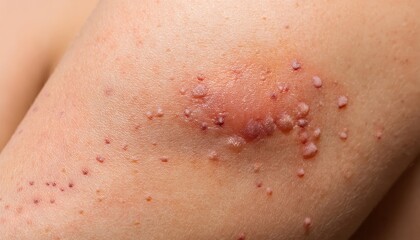 Fototapeta premium Close-up of Inflamed Red Plaques on Skin. Dermatological Symptoms of Psoriasis or Eczema Showcasing Red, Raised, Scaly Patches on Light Skin, Depicting a Severe Skin Condition. Allergic Reaction