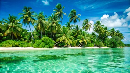Obraz premium A tropical beach with white sand, turquoise water, and palm trees under a bright blue sky.