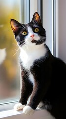 A playful tuxedo cat perched on a windowsill, sunlight illuminating its fur, with a soft pastel backdrop