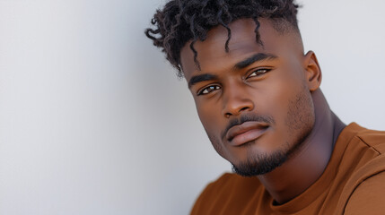 Obraz premium A high-detail, cinematic portrait of a young Black American man in a stylish modern outfit, standing in front of a white background. His expression is calm and inviting, with raw,