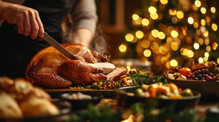 Chef slicing roasted turkey for christmas dinner with family