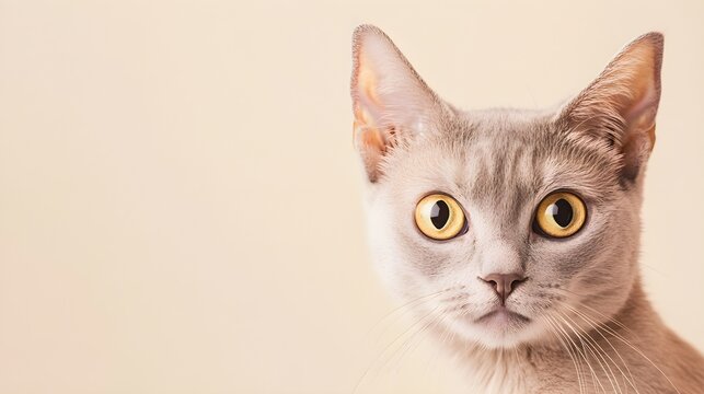 A close-up portrait of a Ukrainian Levkoy cat highlighting its expressive eyes and unique ear structure, set against a soft pastel backdrop
