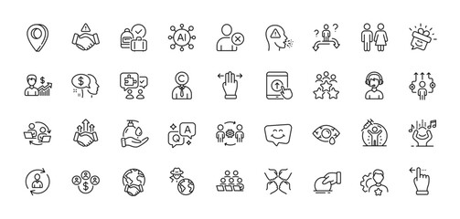Touchscreen gesture, Cough and Puzzle line icons pack. AI, Question and Answer, Map pin icons. Copyrighter, Business meeting, Engineering team web icon. Vector