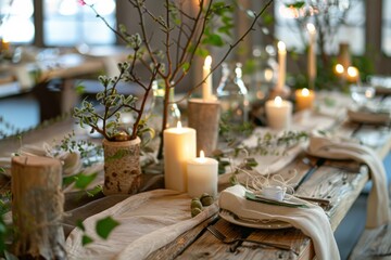 A table with a white tablecloth and a long white table runner, generative ai image