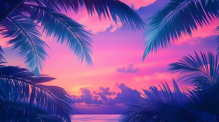 Blue tropical palm fronds swaying in the ocean breeze set against a sunset sky with pink and purple hues creating a beachside evening vibe