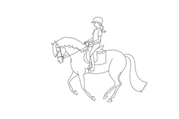Line art illustration of a girl riding a horse, wearing a helmet and casual riding clothes