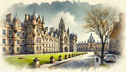 A watercolor painting of the University of Edinburgh, featuring historic stone buildings, arches, and spires under a clear sky.