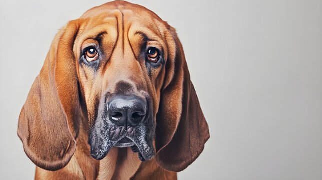 A close-up portrait of a bloodhound dog with droopy ears and soulful eyes, against a light solid color background, showcasing its unique facial features