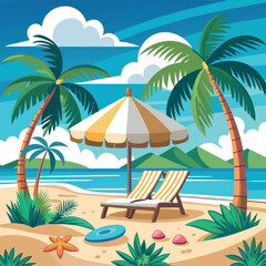 Enjoying a relaxing summer vacation on a beautiful tropical beach with palm trees, sunbeds, and a turquoise sea