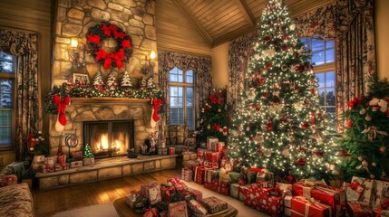 Christmas tree illuminating beautifully decorated living room with fireplace