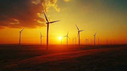 Obraz premium Renewable wind energy powers turbines, providing sustainable electricity. As the sun dips, casting a golden glow on the wind farm, it symbolizes the harmony between energy sustainability