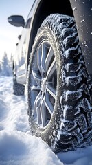 Naklejka premium Close-up of winter tires on a car, with a snowy road in the background