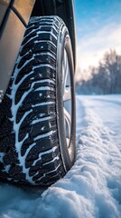 Close-up of winter tires on a car, with a snowy road in the background