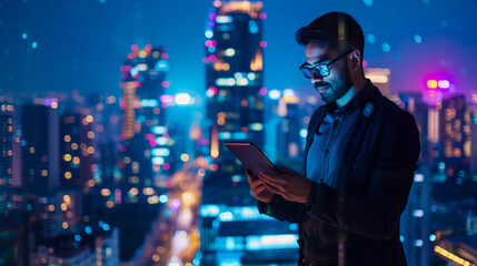 A 5G engineer using tablet to test new wireless devices in vibrant cityscape at night, showcasing blend of technology and urban life