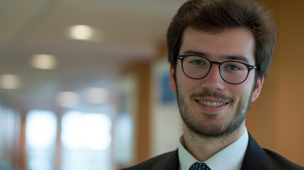 Professional business consultant smiling confidently in corporate environment, showcasing expertise and approachability. setting reflects modern office atmosphere