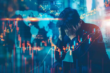 Struggling with business failure and unemployment, man holds his head in despair amidst digital financial data and stock market graphs. emotional weight of economic challenges is palpable
