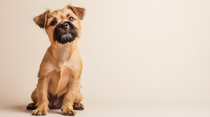 A playful Border Terrier sitting on a light solid color background, showcasing its wiry coat and expressive eyes