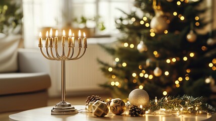 Burning menorah standing on table with christmas tree in background