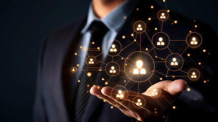 Fototapeta na wymiar Empowering customer relationships through innovative CRM software, this image showcases professional in suit holding glowing network of connections. visual emphasizes importance of connectivity in bus