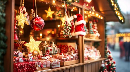 Christmas market stall selling ornaments and decorations at dusk