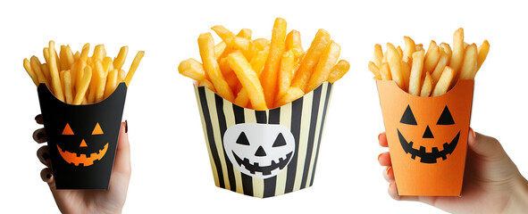 Fototapeta premium Perfect Halloween Mockup: Hand Holding and Decorated Box Set Collection of Fries, Isolated on Transparent Background, PNG
