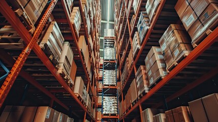 Fototapeta premium A large warehouse with numerous items. Rows of shelves with boxes. Logistics. Inventory control, order fulfillment or space optimization. Illustration for advertising, marketing or presentation.