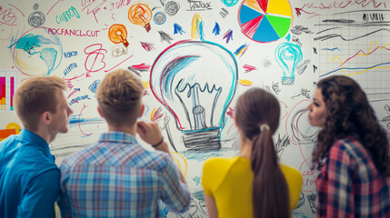 Innovative workshop participants engage with creative ideas on vibrant wall filled with sketches and diagrams, highlighting intellectual property concepts