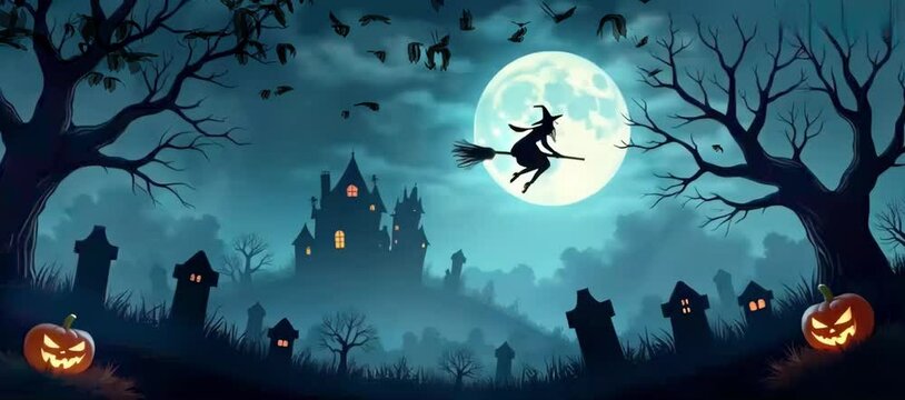 Haunted house under the full moon, with flying witches. illustration style. 4K video animation background