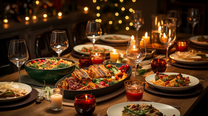 A top-down view of a beautifully set Christmas Eve table, featuring food