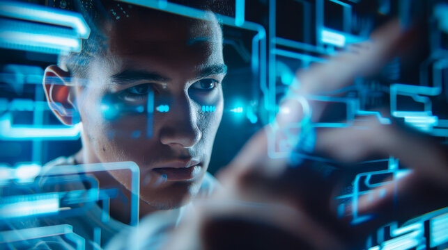 Young tech professional using transparent touchscreen interface, engaged in digital interaction. futuristic environment highlights innovation and technology - Powered by Adobe