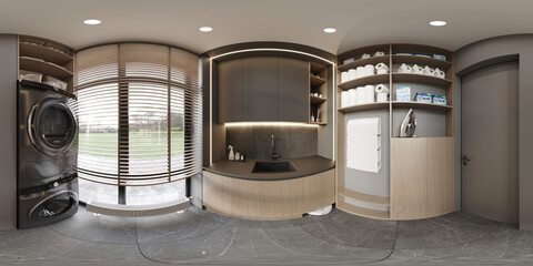 Full spherical seamless hdri 360 panorama in equirectangular projection in interior of laundry room with window in modern flat apartments, VR content	