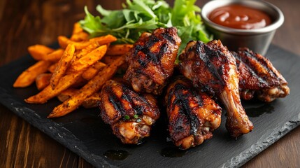 Char-grilled chicken wings with a side of sweet potato fries, accompanied by a small salad of mixed greens and a dipping sauce on a slate platter