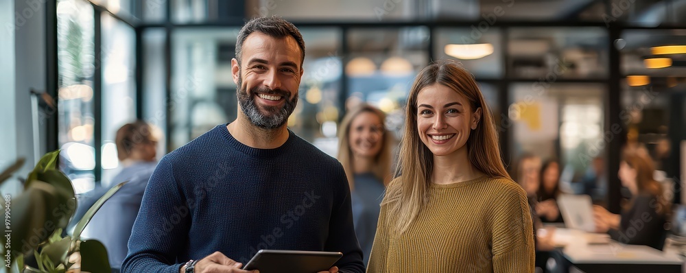 Poster two happy and professional individuals smiling in a modern office environment with colleagues workin