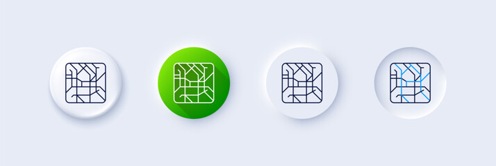Fototapeta premium Metro map line icon. Neumorphic, Green gradient, 3d pin buttons. Underground subway sign. Transit topological map symbol. Line icons. Neumorphic buttons with outline signs. Vector