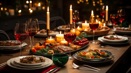 A top-down view of a beautifully set Christmas Eve table, featuring food