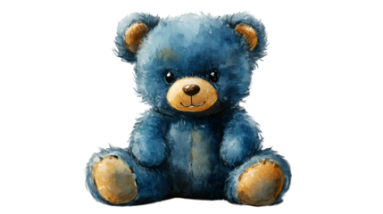 a blue teddy bear sitting.