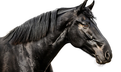 Close-Up Portrait of a Black Horse Isolated on a Simple Background: Capturing the Majestic Details and Expressive Eyes of This Elegant Equine with Impeccable Clarity
