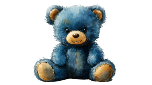 a blue teddy bear sitting.