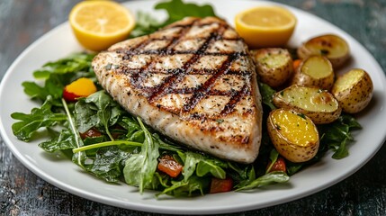 Grilled swordfish steak on a bed of wilted greens, paired with a citrus salad and roasted baby potatoes, drizzled with a light lemon vinaigrette