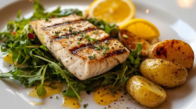 Grilled swordfish steak on a bed of wilted greens, paired with a citrus salad and roasted baby potatoes, drizzled with a light lemon vinaigrette