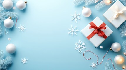 Fototapeta premium A holiday sale flyer with snowflakes and festive decorations, promoting limited-time deals and discounts.
