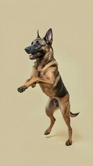 Obraz premium A Belgian Malinois dog in a playful stance, with a light solid color background emphasizing its muscular build and agility