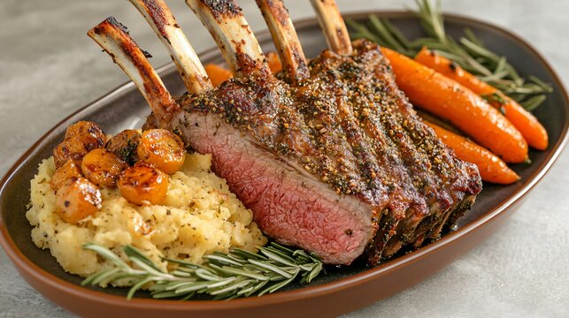 Herb-crusted rack of lamb served with a rich potato gratin and honey-glazed carrots, presented on a large oval ceramic plate with a rosemary garnish
