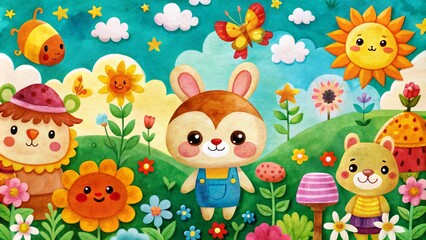 Cute cartoon animals in a sunny meadow with flowers, a butterfly, a bee and a sun.