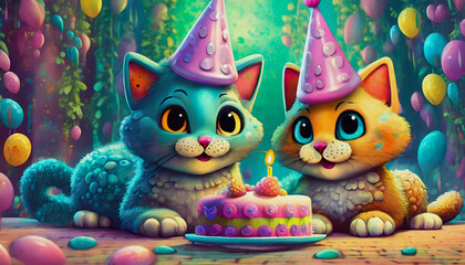 oil painting style cartoon character illustration  cat with cake, fluffy cat wearing a pink birthday hat lies on the floor