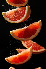 Floating Grapefruit Wedges in Mid-Air with Water Droplets Against Black Background for Fresh and Vibrant Appeal