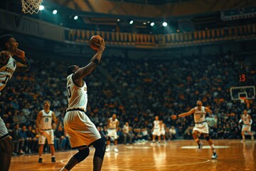 A basketball game is being played in a packed stadium, generative ai image