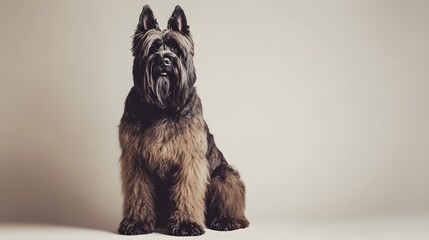 A majestic Bouvier Des Flandres sitting proudly on a light solid color background, showcasing its thick fur and distinctive beard