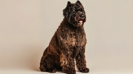 A majestic Bouvier Des Flandres sitting proudly on a light solid color background, showcasing its thick fur and distinctive beard